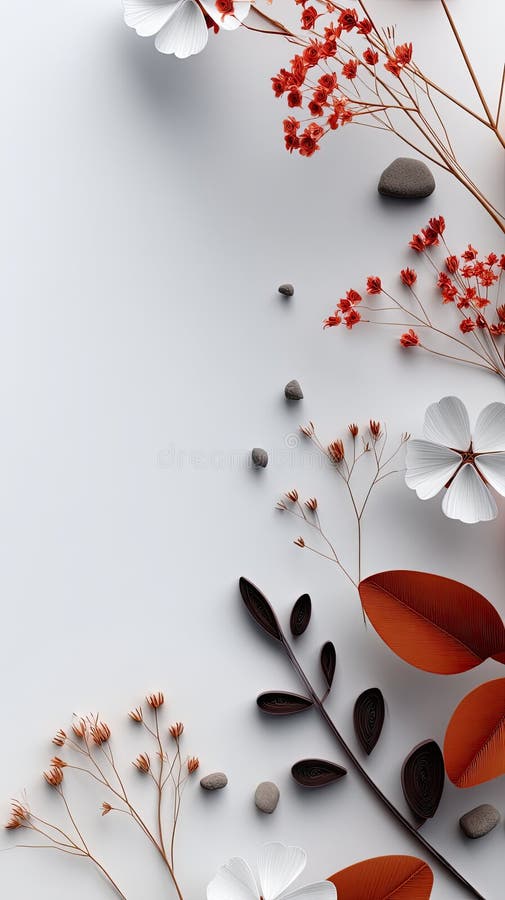 A creative display of floral elements and vibrant autumn leaves arranged harmoniously against a neutral background, showcasing royalty free stock image