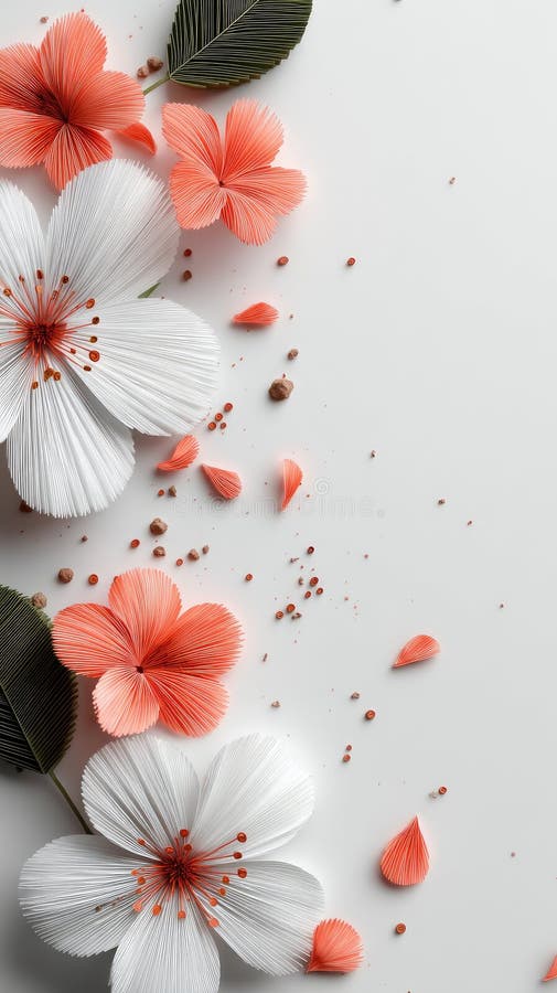 A creative display of floral elements and vibrant autumn leaves arranged harmoniously against a neutral background, showcasing royalty free stock images