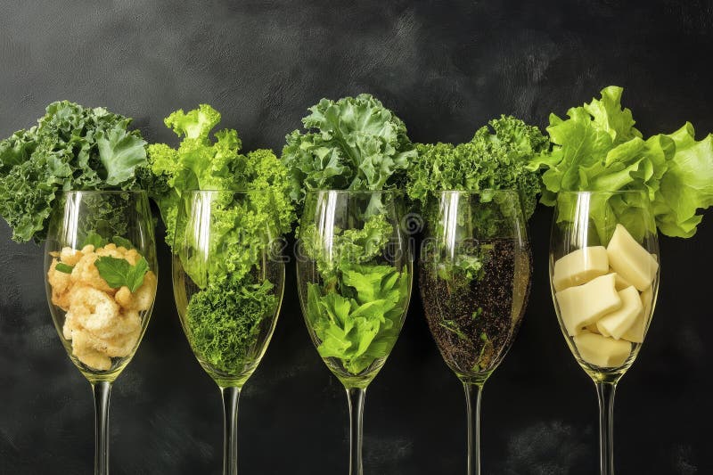 Creative display of fresh vegetables and cheese in wine glasses on dark background stock photo