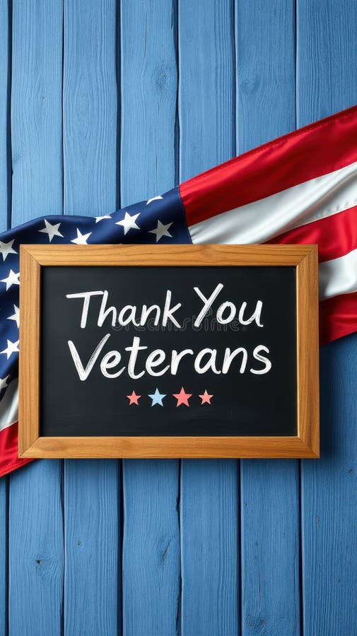 Creative display of gratitude for veterans using chalkboard and American flag backdrop stock image