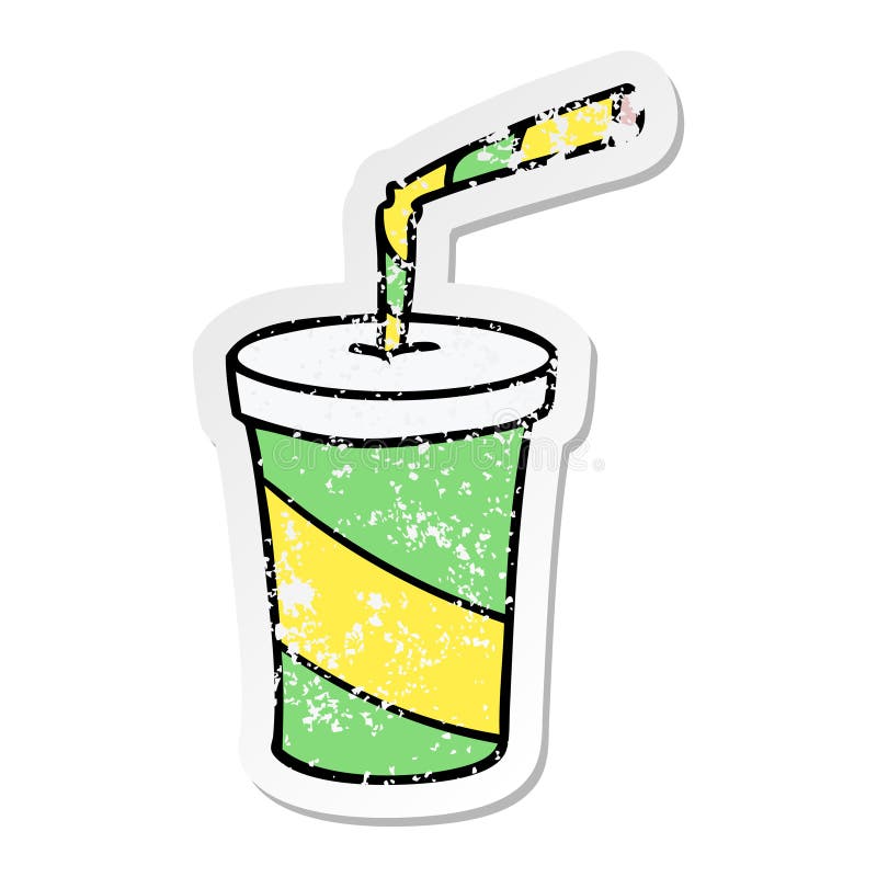 A creative distressed sticker cartoon doodle of fastfood drink