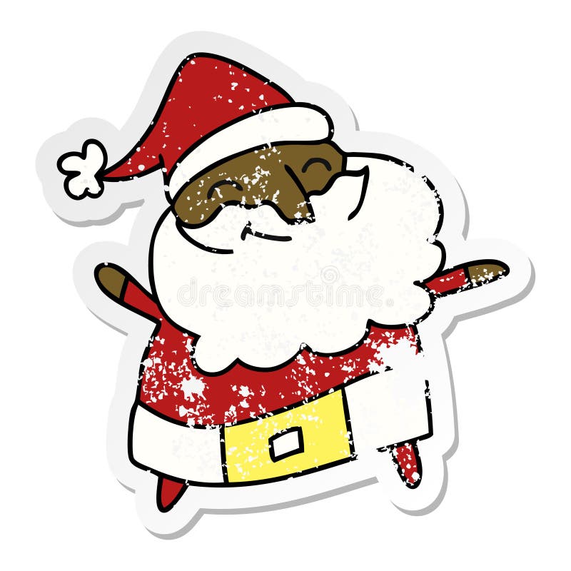 A creative distressed sticker cartoon of a jolly father christmas