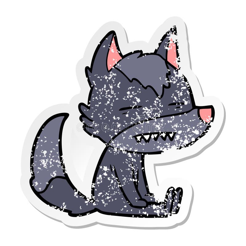 A Creative Distressed Sticker of a Cartoon Sitting Wolf Showing Teeth