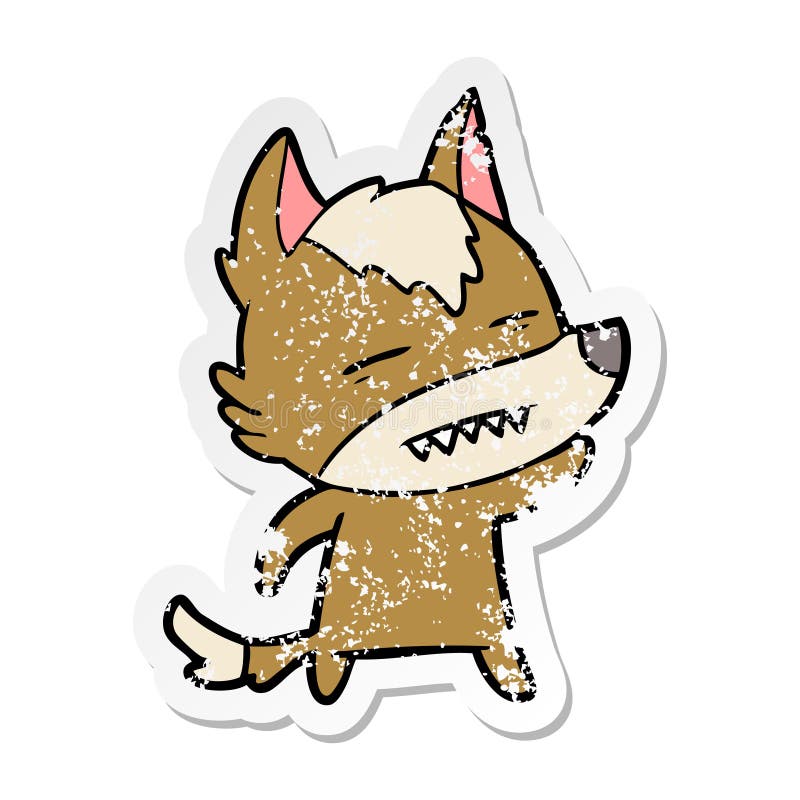 A creative distressed sticker of a cartoon wolf waving showing teeth