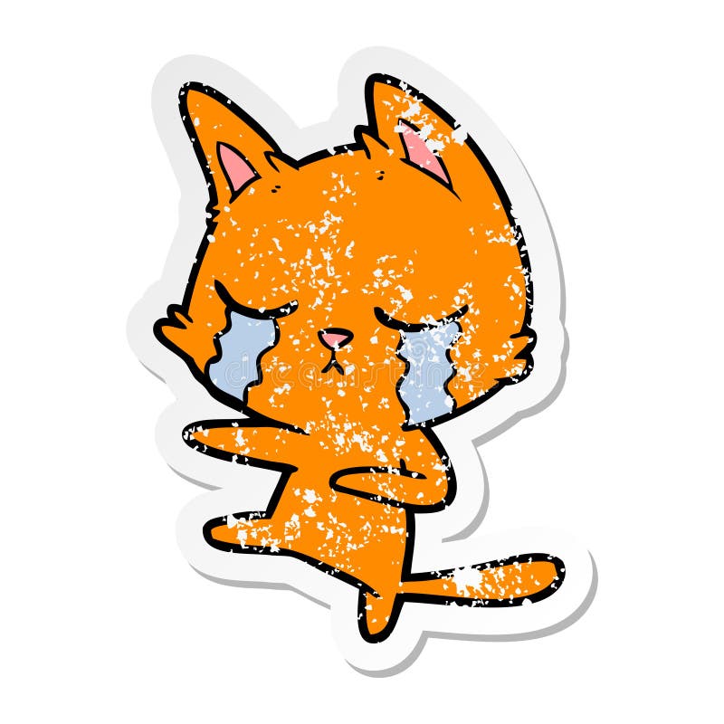 A Creative Distressed Sticker of a Crying Cartoon Cat Dancing Stock