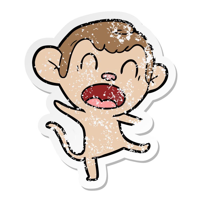 A Creative Distressed Sticker of a Shouting Cartoon Monkey Dancing