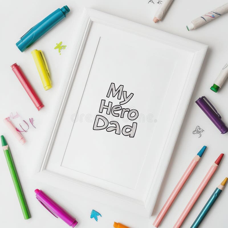 Creative Doodle Handwerk zeigt eine kindliche Liebe für Papa mit bunten Stiften und leerem Rahmen. Ein leerer Rahmen, umgeben von lebendigen Kreuzen, zeigt eine herzzerwärmende handgezeichnete Hommage, in der Mein Held Papa steht. Das Setup erfasst die Unschuld und Kreativität der Kindheit in einem hellen einladenden Raum. AI generiert