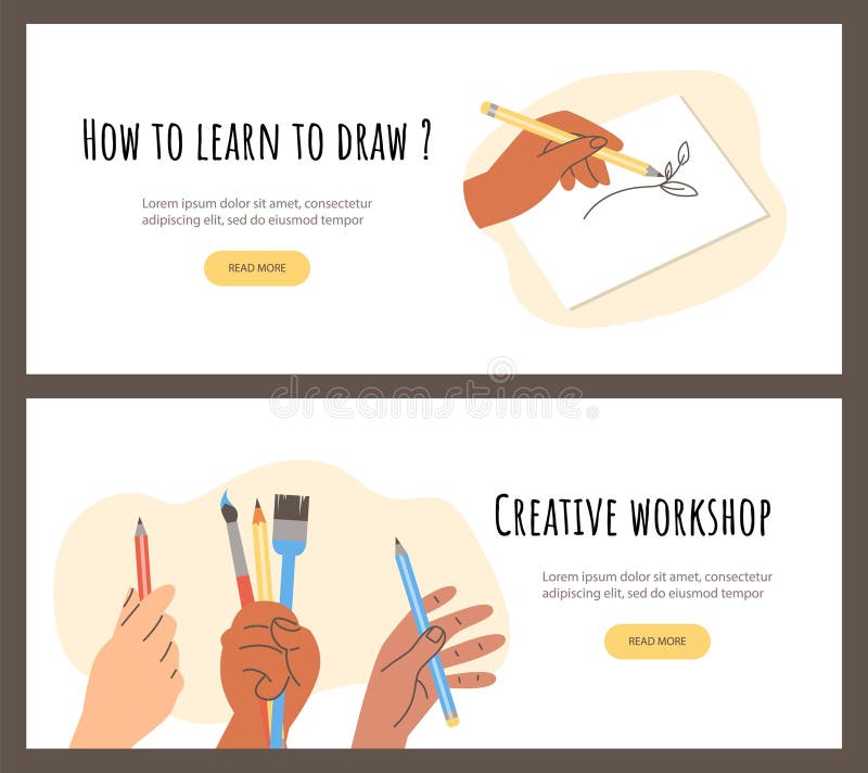 Creative drawing and calligraphy workshop and lesson flyer set, flat vector. royalty free illustration