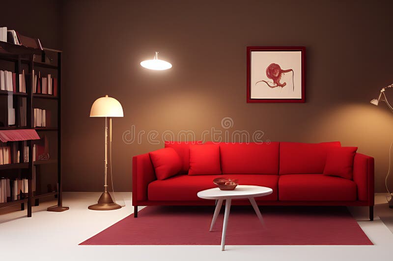 Creative Drawing Room, Wall Paint Color Brown Red with Sofa Stock