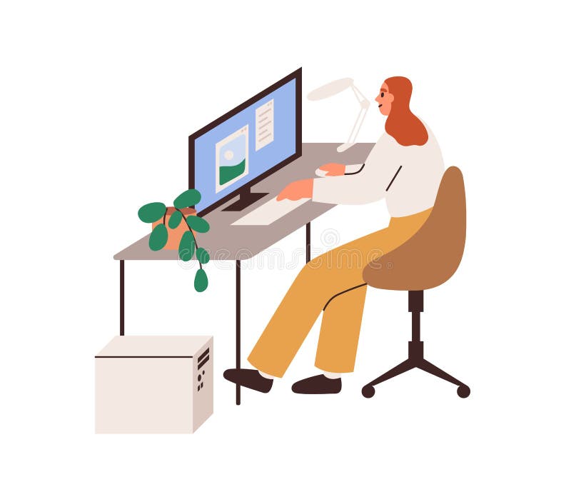 Creative employee at computer desk. Work of designer at workplace. Person working with picture on PC screen, editing vector illustration