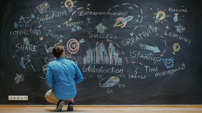 Creative Entrepreneur Squats Before Blackboard Looks at the Blackboard With Inspirational Words and stock image