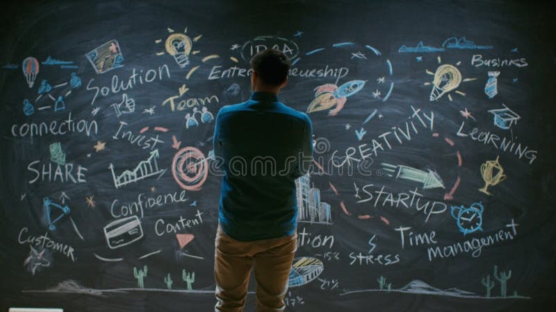 Creative Entrepreneur Stands Before Blackboard Looks at the Blackboard With Inspirational Words and stock image