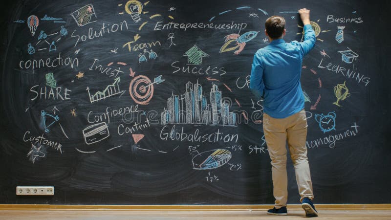 Creative Entrepreneur Stands Before Blackboard Looks at the Blackboard With Inspirational Words and royalty free stock image