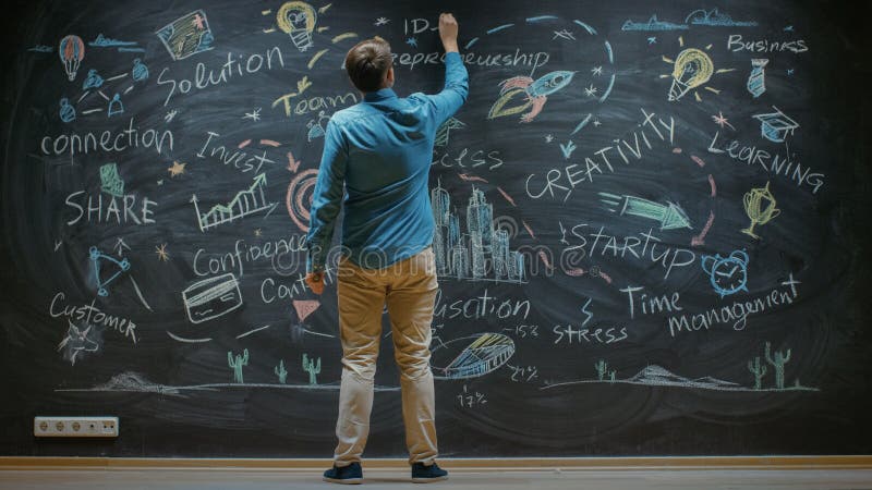 Creative Entrepreneur Stands Before Blackboard Looks at the Blackboard With Inspirational Words and royalty free stock photography