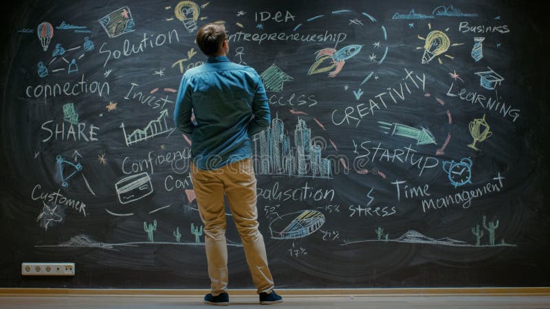 Creative Entrepreneur Stands Before Blackboard Looks at the Blackboard With Inspirational Words and royalty free stock image