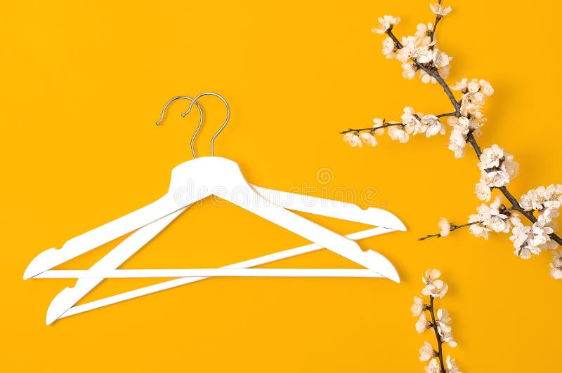 Creative Fashion Beauty Background. White Wooden Hangers and Spring  Flowering Branch on Yellow Background Stock Image - Image of boutique,  garment: 144941099