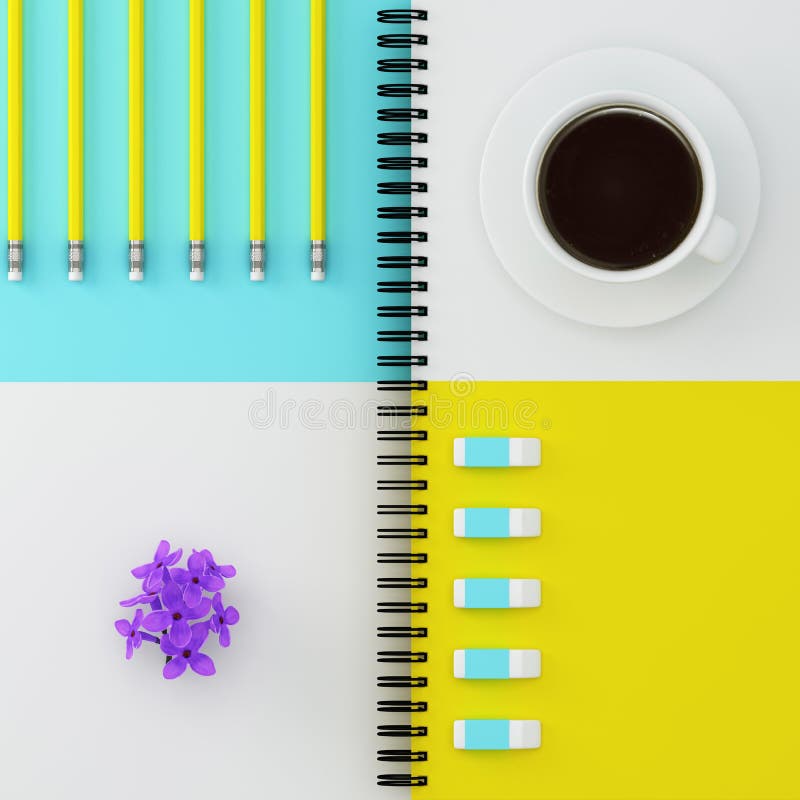 Creative flat lay design of work space notebook color, yellow pe stock images Creative flat lay design of work space notebook color, yellow pe stock images