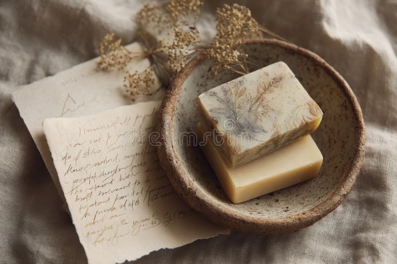 Creative Flat Lay of Soap Candle and Handskriftlig Note on Linen Background stock illustrationer