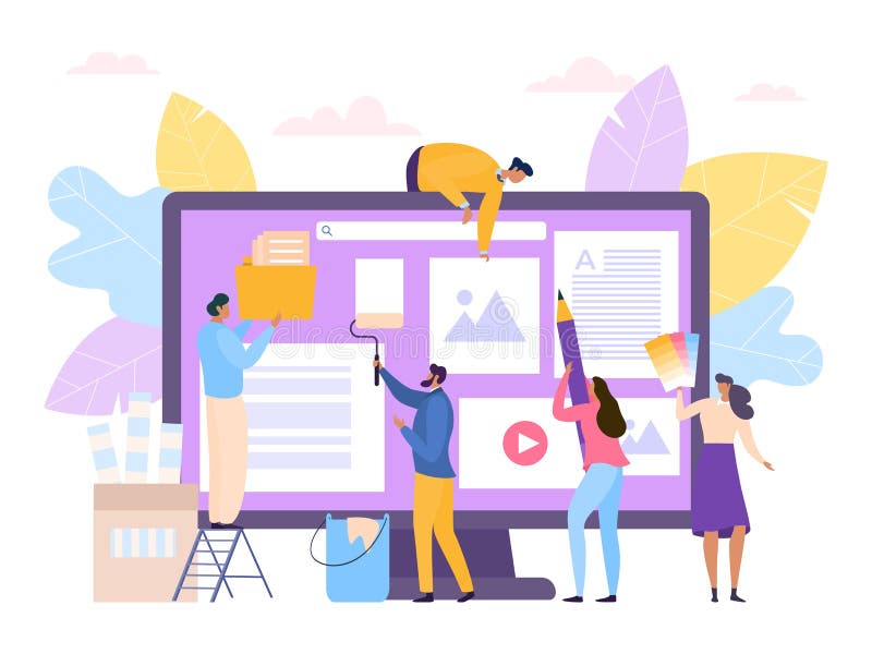 Creative flat web design concept, vector illustration. Business people designer work technology, teamwork graphic royalty free illustration