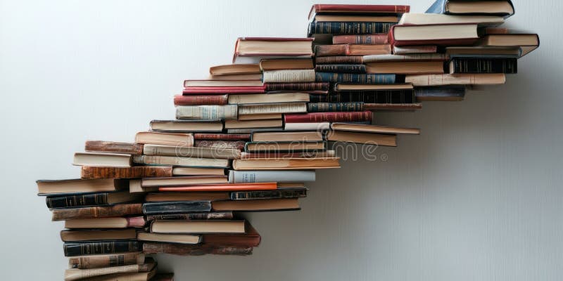 Creative floating bookshelf with stacked books on a slanted design royalty free illustration