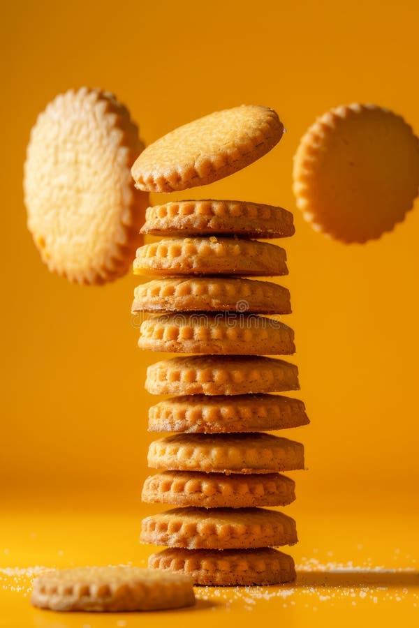 Creative Floating Cookie Stack on Vibrant Yellow Background with Falling Biscuit and Crumbs AI Generative