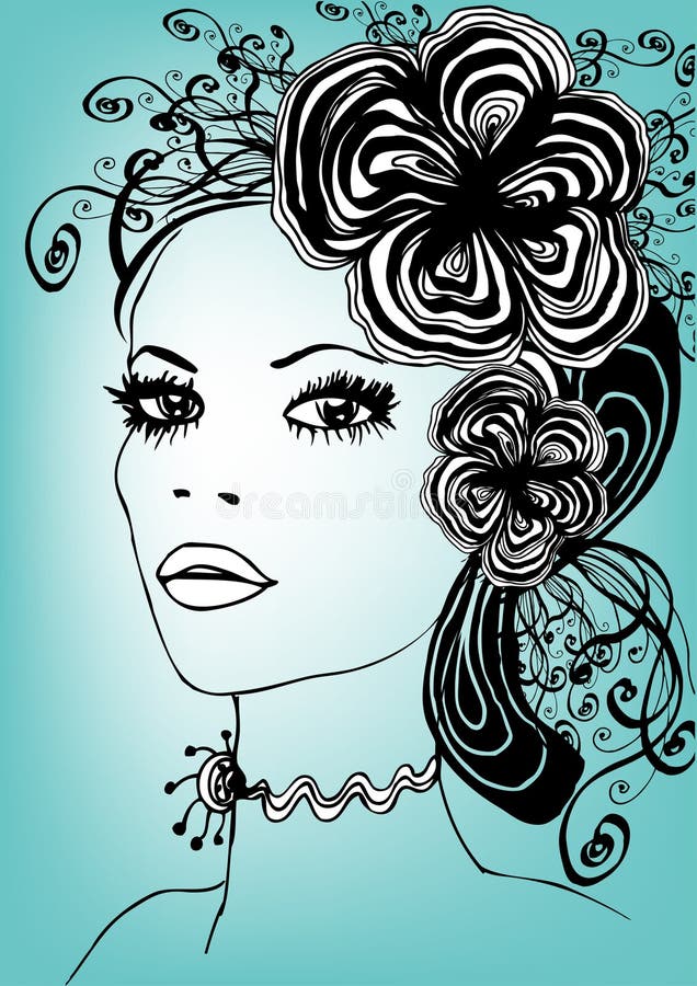 Creative and complex illustration with woman's face and flowers. Creative and complex illustration with woman's face and flowers