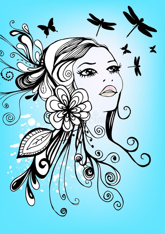 Creative and complex illustration with woman's face and flowers. Creative and complex illustration with woman's face and flowers