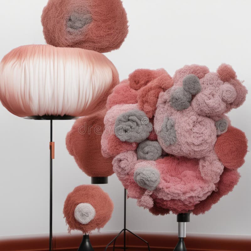 Creative fluffy hairy pink red installation on white wall. stock illustration