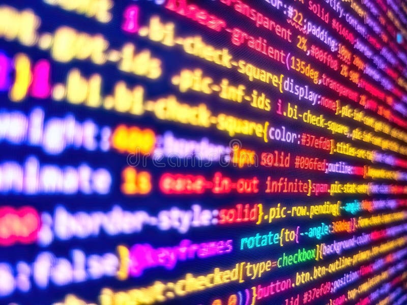 Creative focus effect. Programming on monitor background. Server complexity, virtual laptop background. Finance data concept. Code stock image