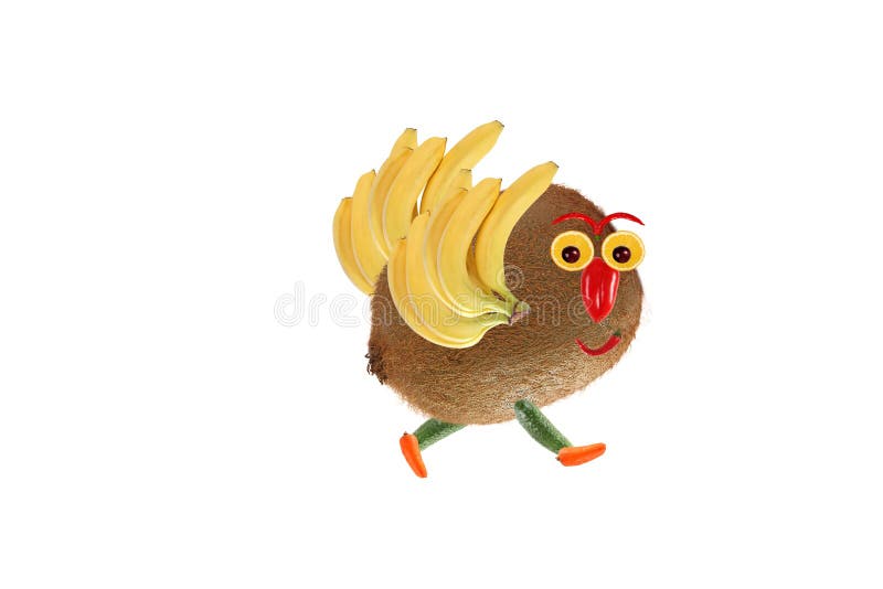 Creative food concept. Funny little bird, made of fruits and veg royalty free stock photography Creative food concept. Funny little bird, made of fruits and veg royalty free stock photography