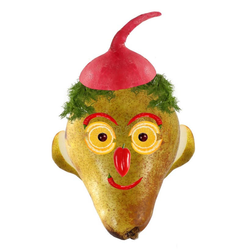 Creative food. Funny face made from pears and oranges. White funny face stock images, royalty-free photos and pictures