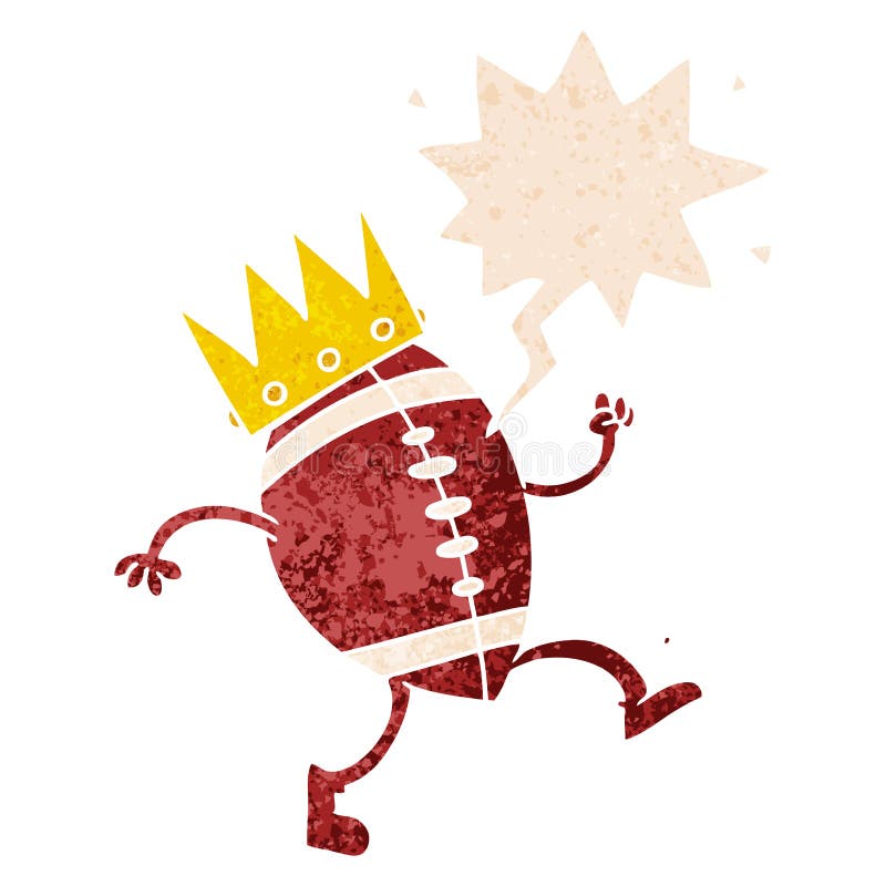 A creative football with crown cartoon  and speech bubble in retro textured style