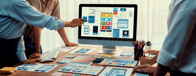 Creative front-end developer brainstorming UI design. Scrutinize stock photo