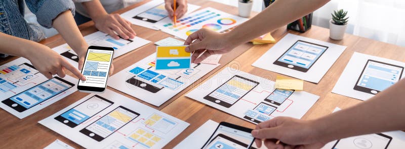 Creative front-end developer brainstorming UI design. Scrutinize royalty free stock image