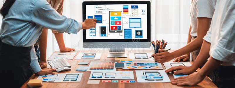 Creative front-end developer brainstorming UI design. Scrutinize royalty free stock photography