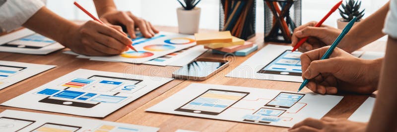 Creative front-end developer brainstorming UI design. Scrutinize royalty free stock image
