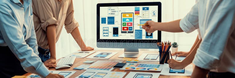 Creative front-end developer brainstorming UI design. Scrutinize royalty free stock photo