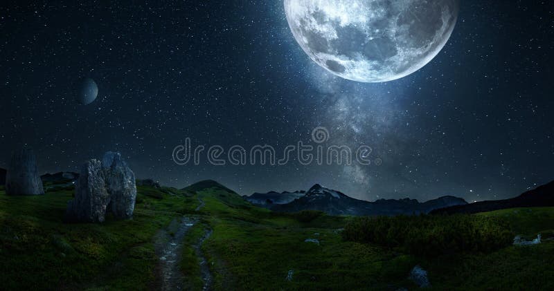 Creative futuristic design for wallpaper, background, poster. Moon and milky way over starry sky. Mountains landscape