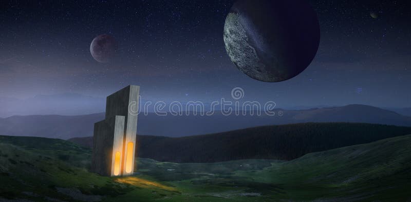 Creative futuristic design for wallpaper, background, poster. Moon and planet over starry sky at night. Mountains
