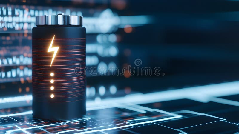Creative Glowing Battery Indicator with Dynamic Visualization in Futuristic Digital Environment royalty free illustration