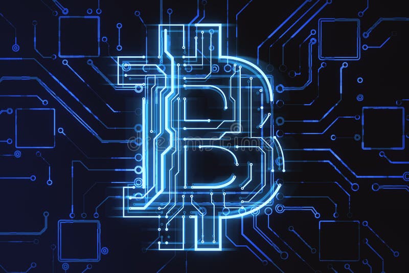 Creative glowing bitcoin circuit hologram on dark background. Cryptocurrency, blockchain and finance concept. vector illustration