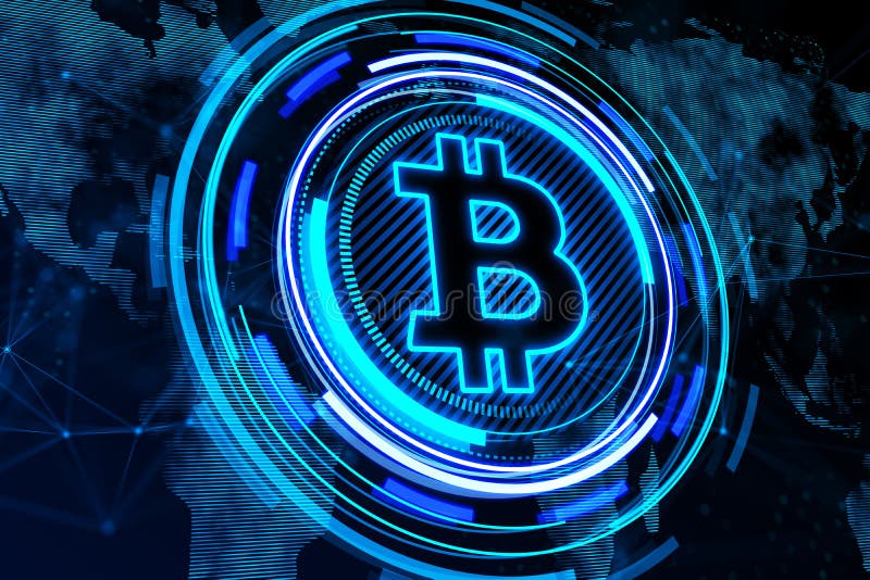 Creative glowing bitcoin hologram and map on dark backdrop. Crytpocurrency, nft, metaverse and blockchain concept. royalty free illustration