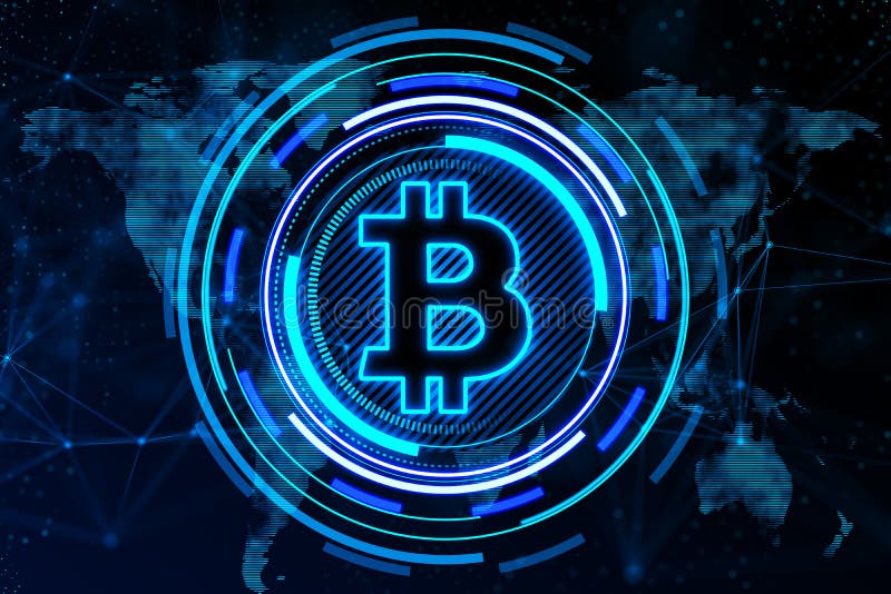 Creative glowing bitcoin hologram and map on dark background. Crytpocurrency, nft, metaverse and blockchain concept. royalty free illustration
