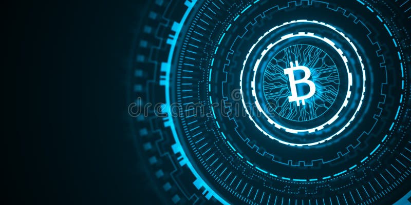 Creative glowing round bitcoin hologram on dark backdrop with mock up place. Cryptocurrency and finance concept. 3D Rendering. 3D royalty free illustration