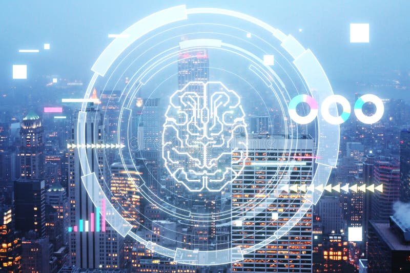 Creative glowing round brain hologram on blurry bright city background. Artificial intelligence, chat GPT, bot assistant and vector illustration