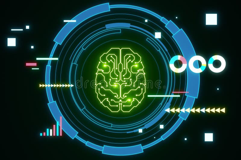 Creative glowing round brain hologram on dark background. Artificial intelligence, chat GPT, bot assistant and machine learning royalty free illustration