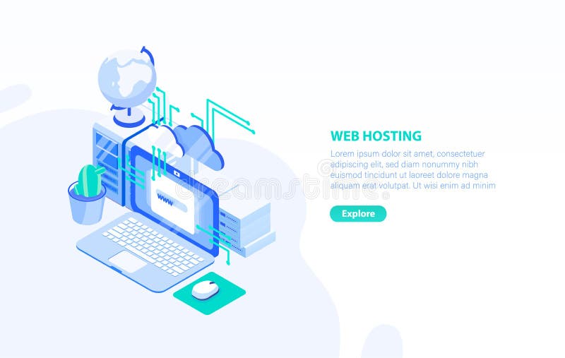 Creative horizontal banner template with laptop computer, server and place for text. Web or internet hosting technology stock illustration