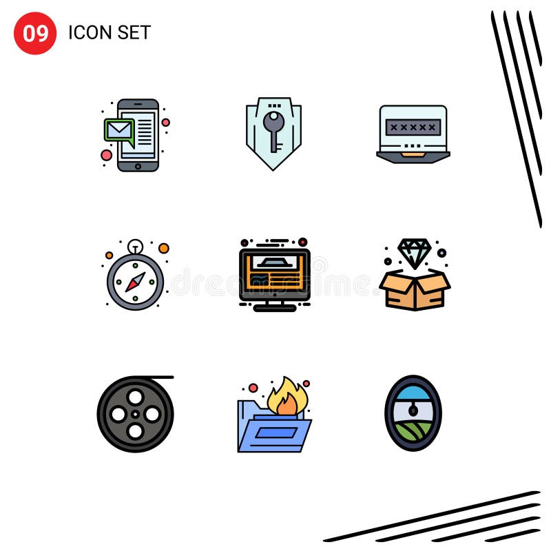 9 Creative Icons Modern Signs and Symbols of website, monitor, laptop, navigation, compass royalty free illustration