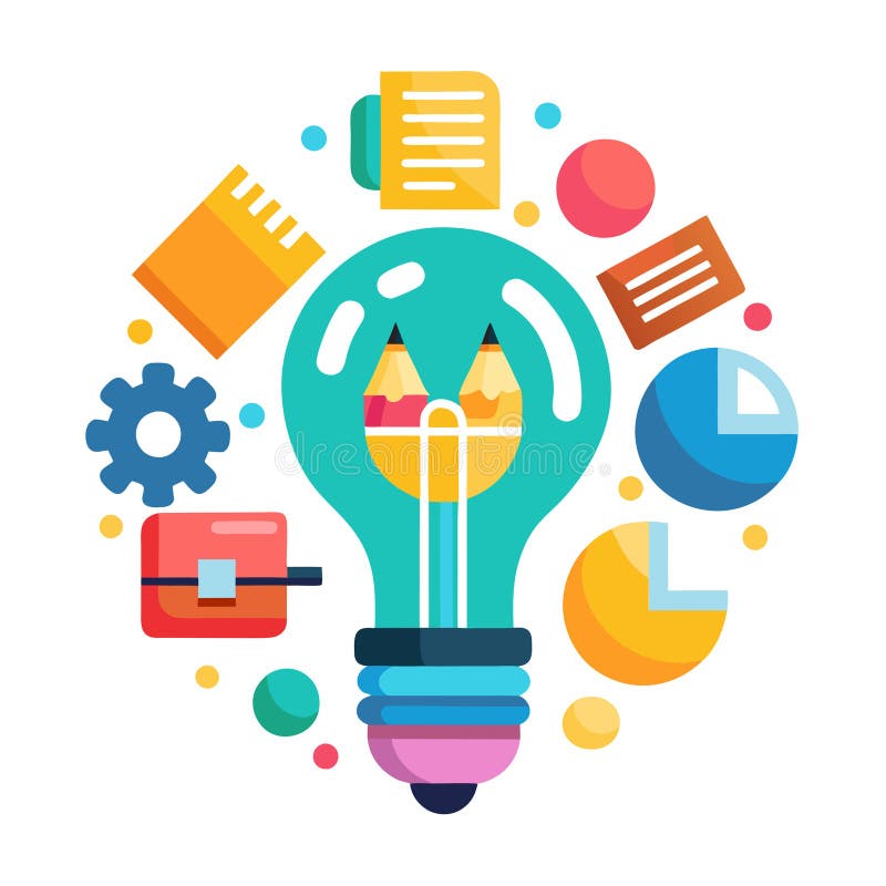 Creative Idea Generation Concept with Lightbulb, Gear, Charts and Office Icons stock illustration