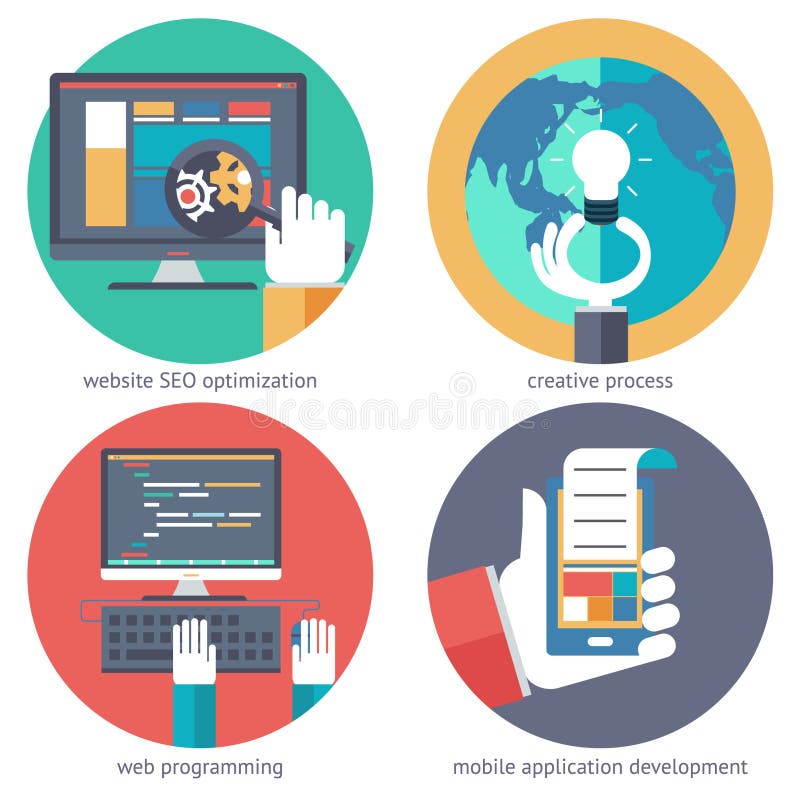 Creative ideas web programming design mobile apps SEO development PC mobile phone device hands idea planning royalty free illustration